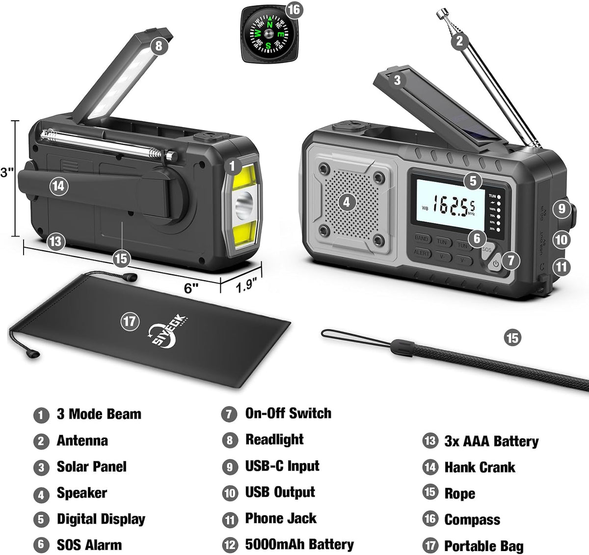 Emergency Weather Radio 5000Mah with Solar Hand Crank, Men Dad Husband Cool Gadgets, NOAA AM FM Portable Battery Power Weather Alert Radios with Flashlight, Perfet Gifts for Home Outdoor Office