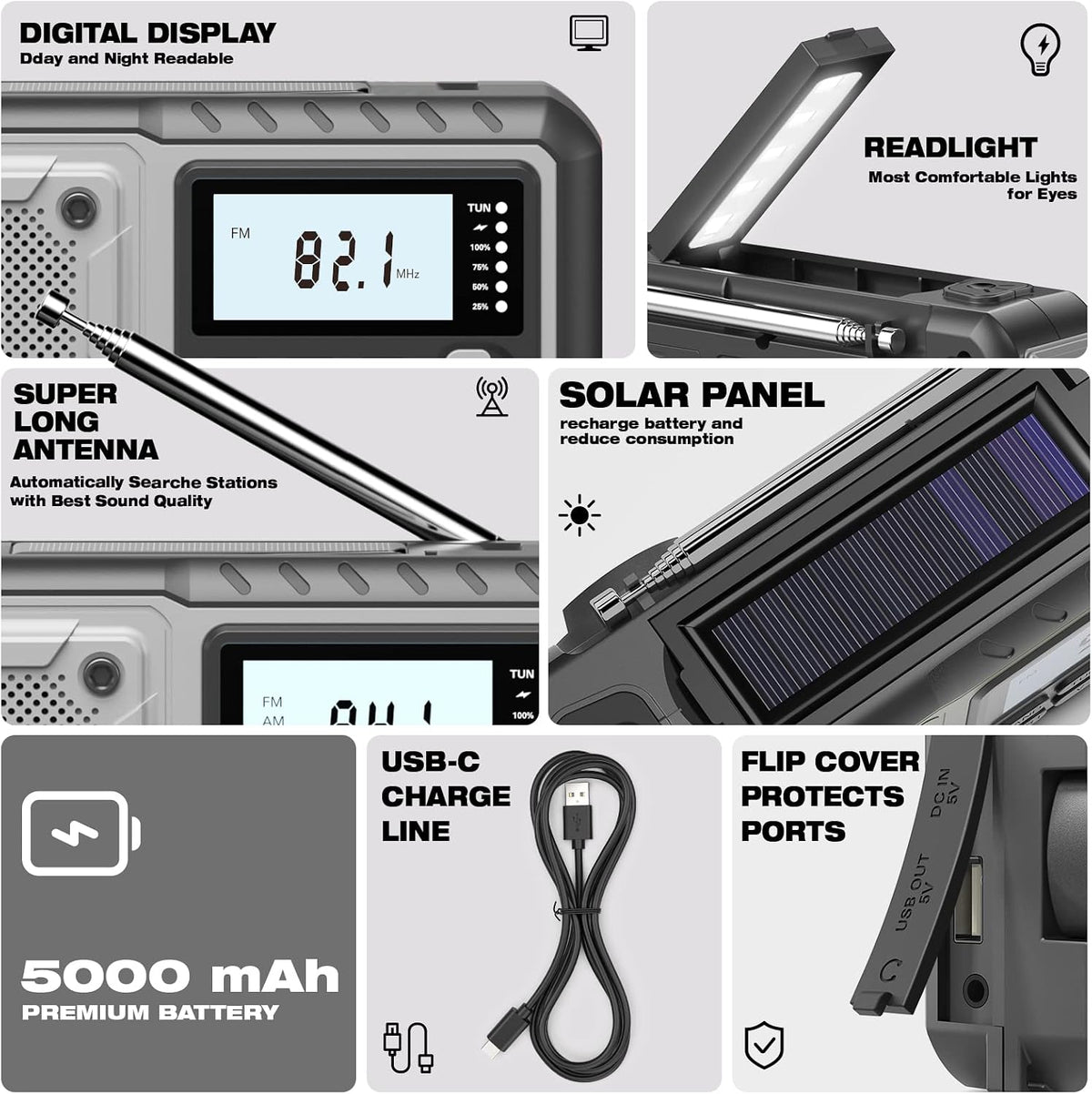 Emergency Weather Radio 5000Mah with Solar Hand Crank, Men Dad Husband Cool Gadgets, NOAA AM FM Portable Battery Power Weather Alert Radios with Flashlight, Perfet Gifts for Home Outdoor Office