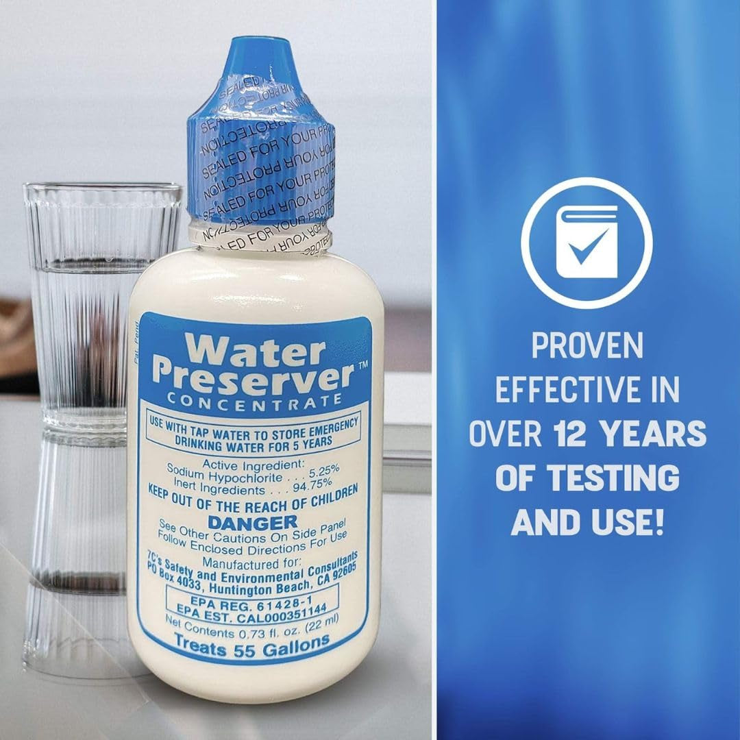 Water Preserver for 55 Gallon Water Tank 2 Pack - Made in USA - Purifies Drinking Water for 5 Years - for Emergency Storage, Rain Collection, Survival Kit, Hurricane & Earthquake