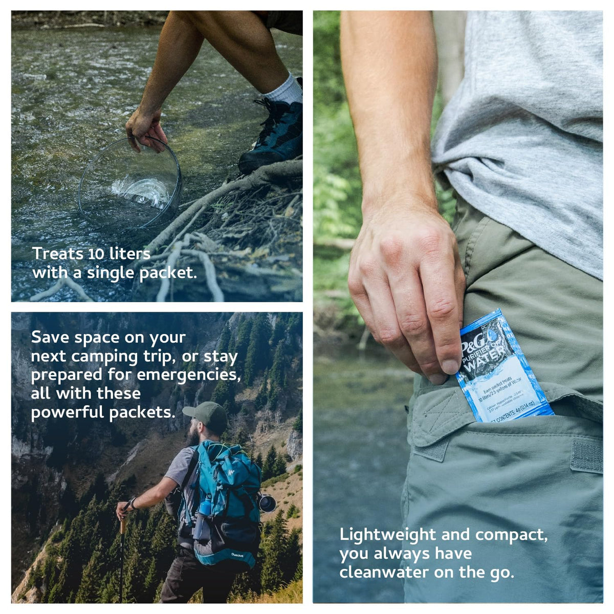 Portable Water Purifier Packets. Emergency Water Filter Purification Powder Packs for Camping, Hiking, Backpacking, Hunting, and Traveling. (4 Packets)