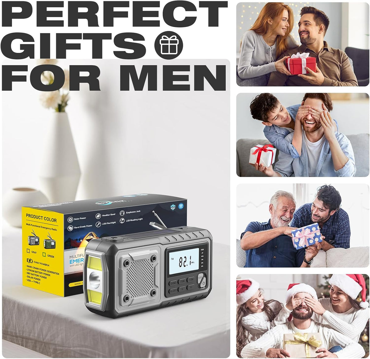 Emergency Weather Radio 5000Mah with Solar Hand Crank, Men Dad Husband Cool Gadgets, NOAA AM FM Portable Battery Power Weather Alert Radios with Flashlight, Perfet Gifts for Home Outdoor Office