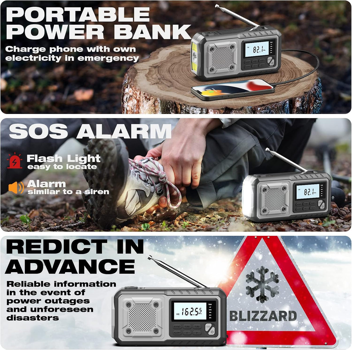 Emergency Weather Radio 5000Mah with Solar Hand Crank, Men Dad Husband Cool Gadgets, NOAA AM FM Portable Battery Power Weather Alert Radios with Flashlight, Perfet Gifts for Home Outdoor Office