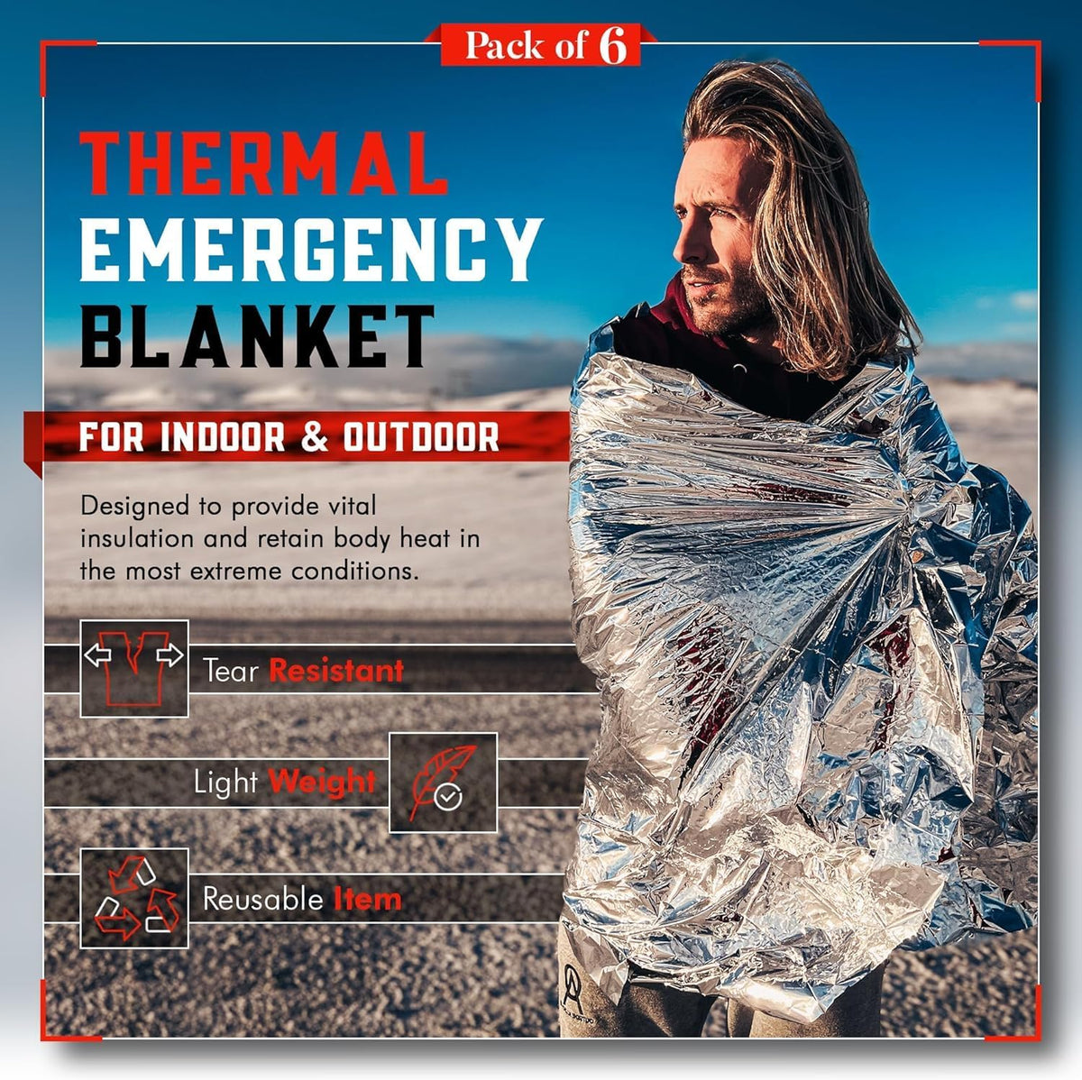 Emergency Blankets for Survival Gear and Equipment X6, Space Blanket, Mylar Blankets, Thermal Blanket, Survival Blanket, Survival Kits Emergency Kit, Emergency Supplies, Foil Blanket Camping Shelter