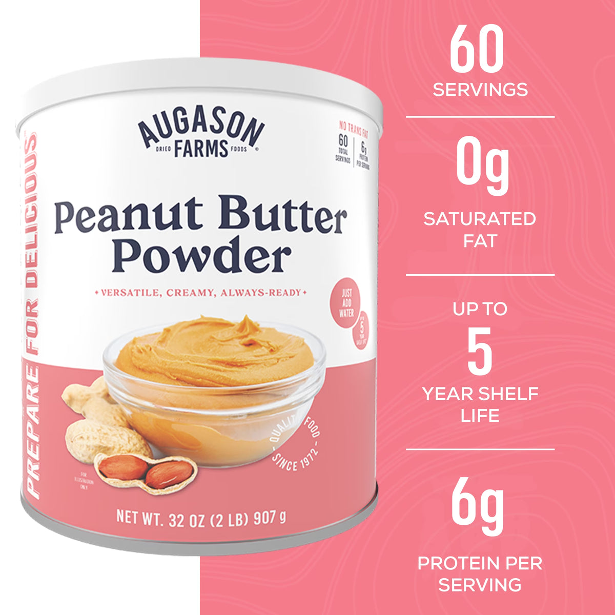 Peanut Butter Powder Mix Can Emergency Food Supply, 60 Servings, 5 Year Shelf Life, 6 Grams of Protein per Serving - Dry Peanut Butter Powder Blend, Ingredient for Baking and Cooking