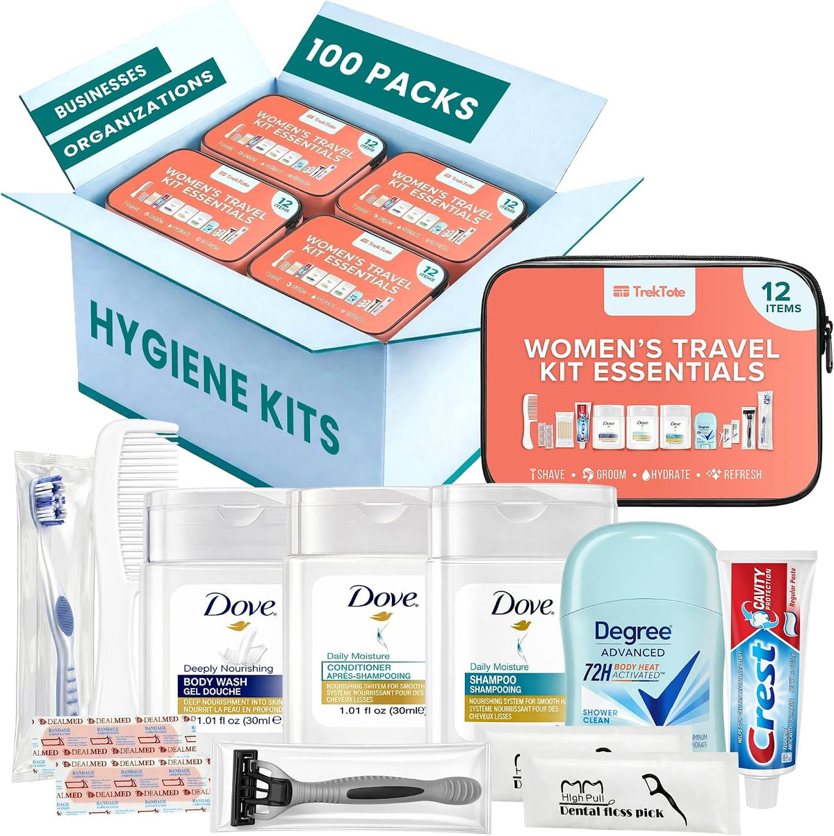 Bulk Hygiene Kits for Women Premium Name Brand Outreach Supplies - 100 Pack