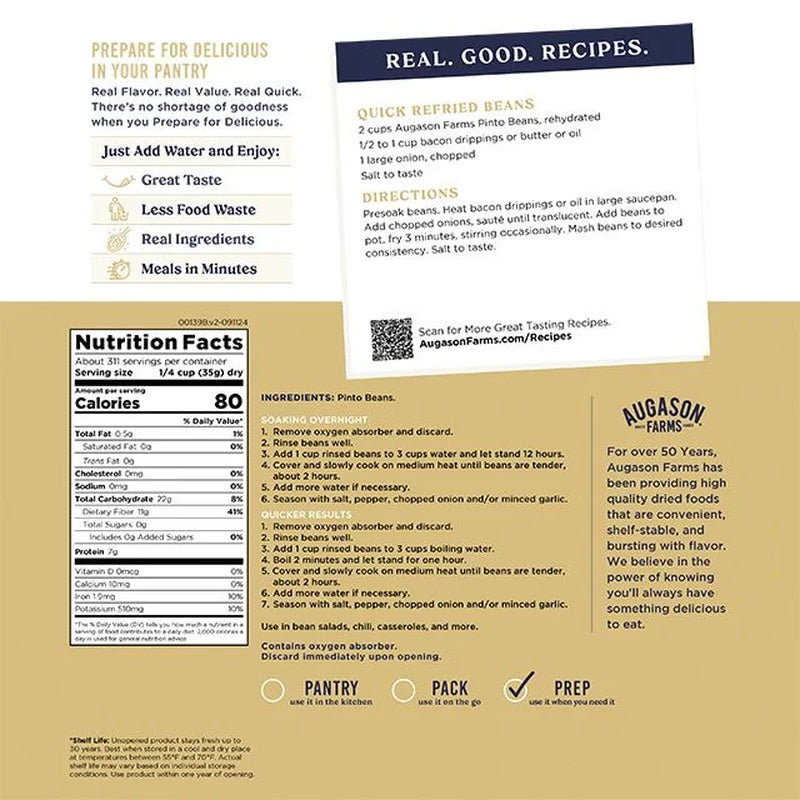 Dried Pinto Beans 4 Gallon Pail, Bulk Food Storage, Emergency Food Supply, Everyday Meals, 311 Servings
