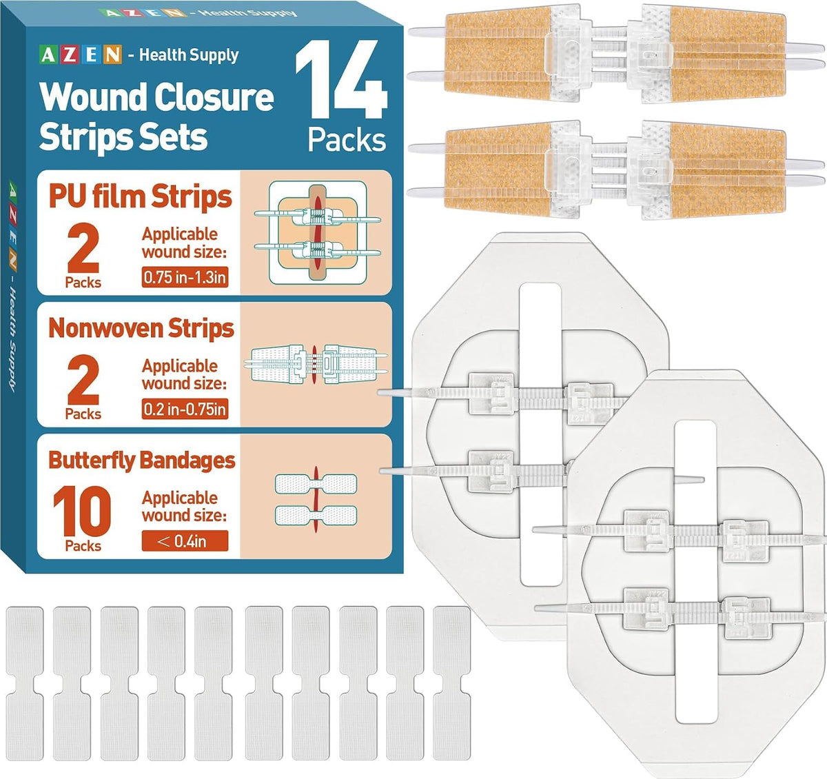 14 Pack Emergency Wound Closure Strips, Butterfly Bandages, Emergency Laceration Closure Kit, Repair Wounds without Stitches, Quick Clot Zip Stitch Wound Closures Device
